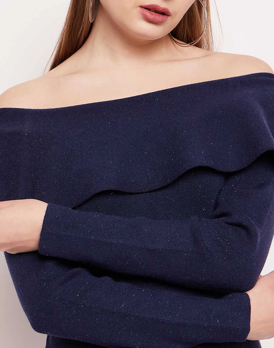 Madame Off- Shoulder Navy Blue Bodycon Dress Quilted-Lining Color-Blocked