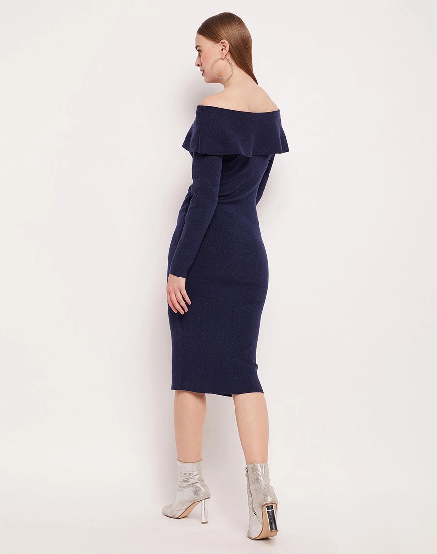 Timeless Waist Fit Classic and Chic Madame Off- Shoulder Navy Blue Bodycon Dress