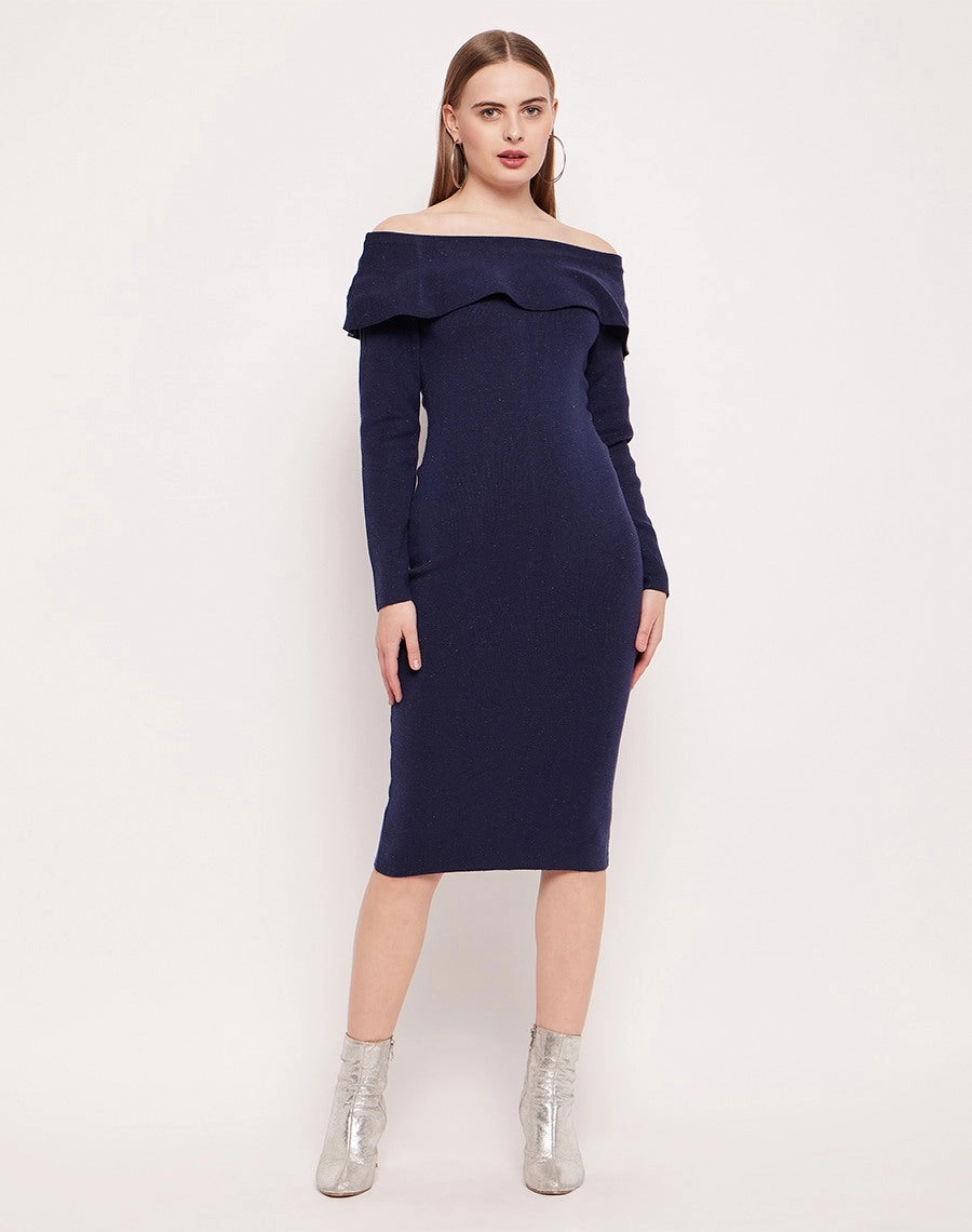 Beaded-Edge Madame Off- Shoulder Navy Blue Bodycon Dress