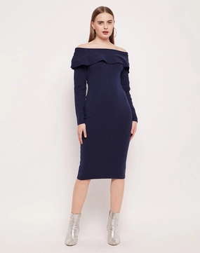 Beaded-Edge Madame Off- Shoulder Navy Blue Bodycon Dress