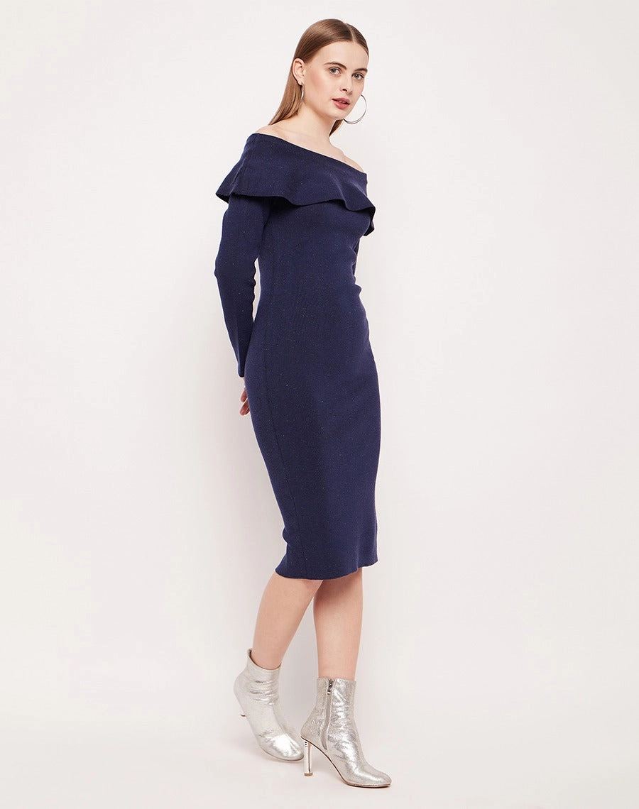 Madame Off- Shoulder Navy Blue Bodycon Dress Clean Outline