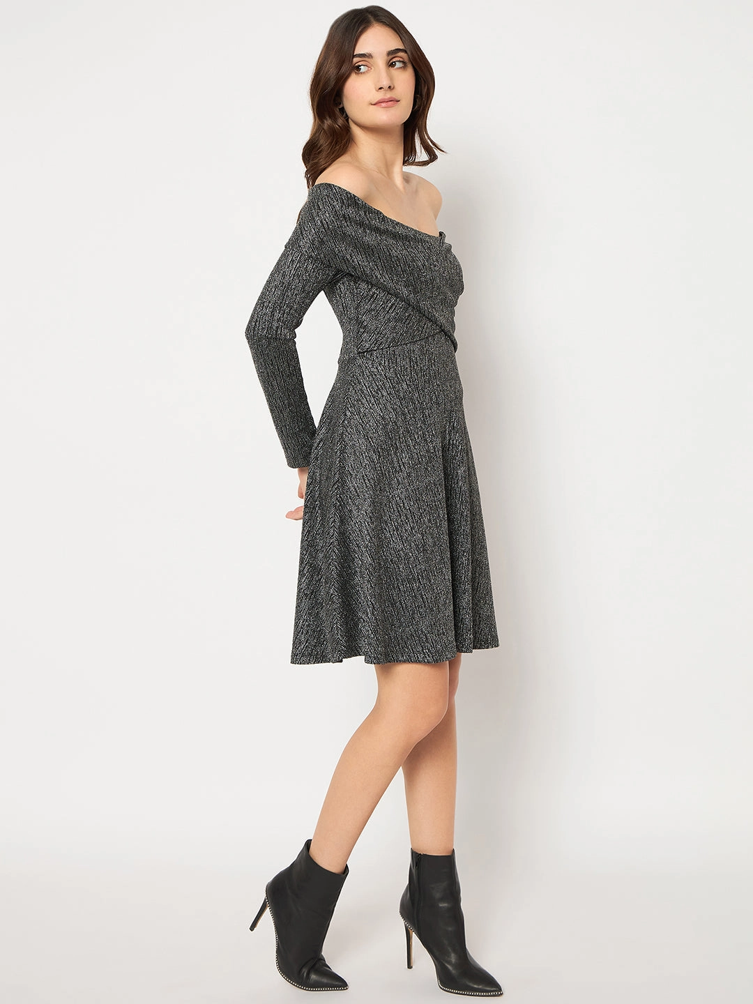 Sophisticated Fit Madame Off Shoulder Self Design Black Knitted Midi Dress