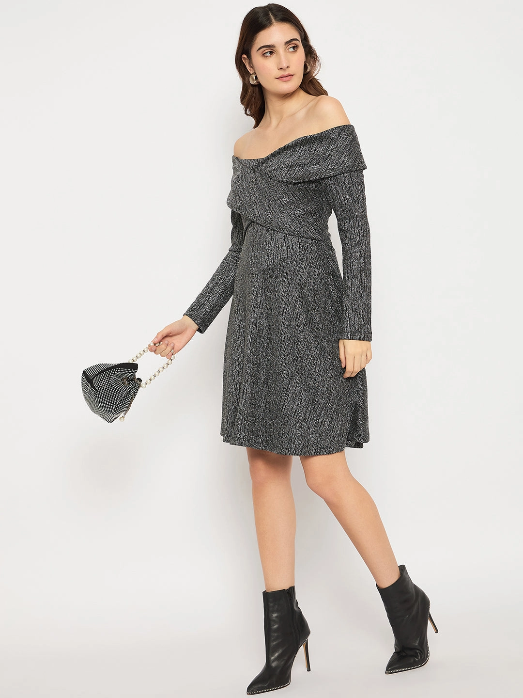Madame Off Shoulder Self Design Black Knitted Midi Dress Contemporary Design Party Perfect