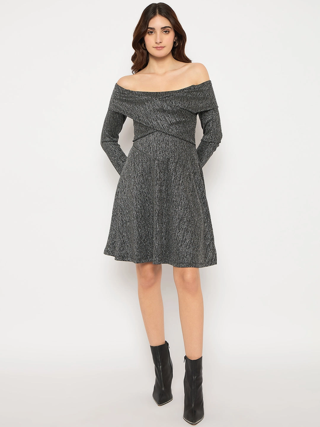 Tie-Detail Madame Off Shoulder Self Design Black Knitted Midi Dress