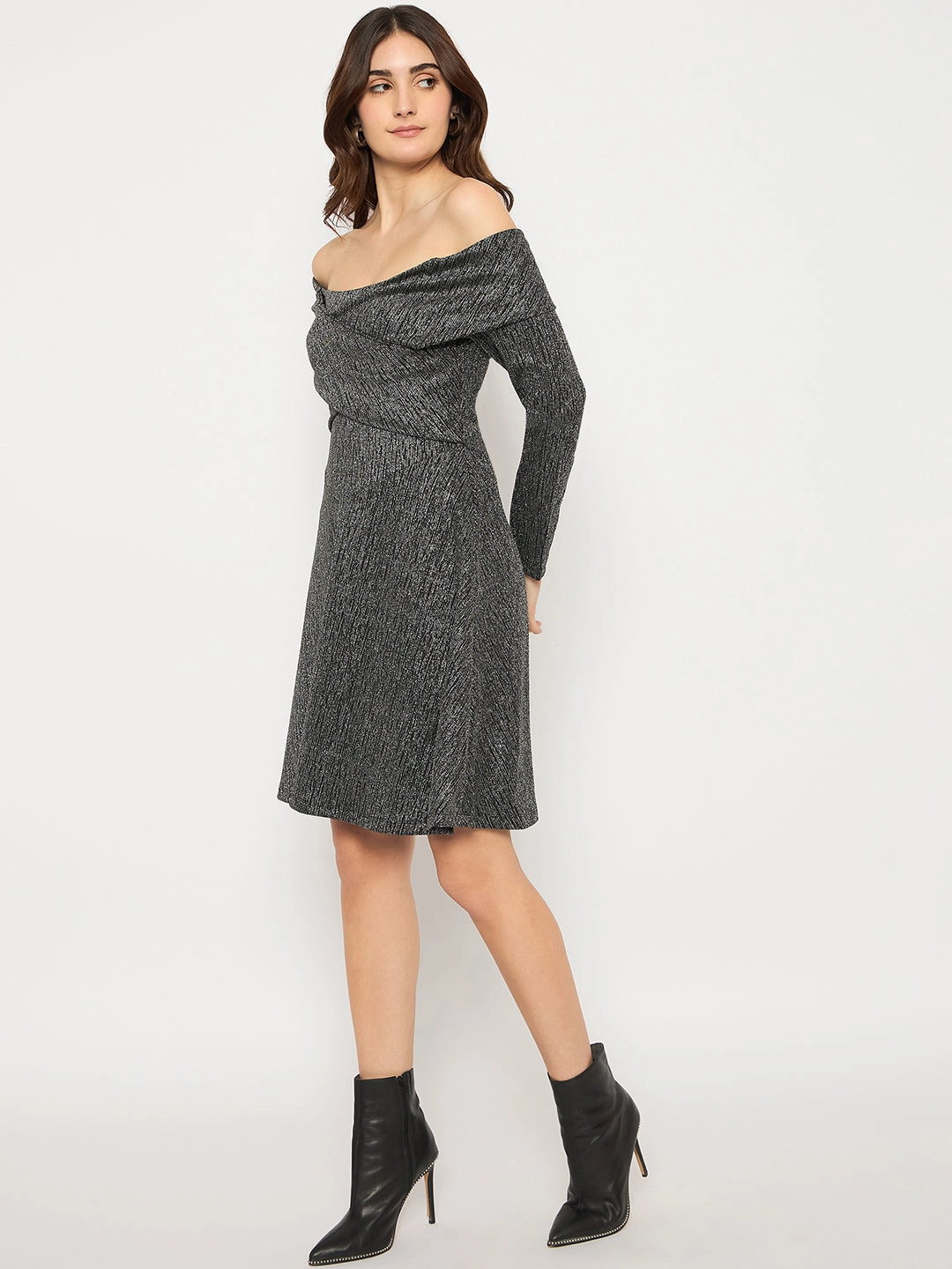 Madame Off Shoulder Self Design Black Knitted Midi Dress Fresh Flow