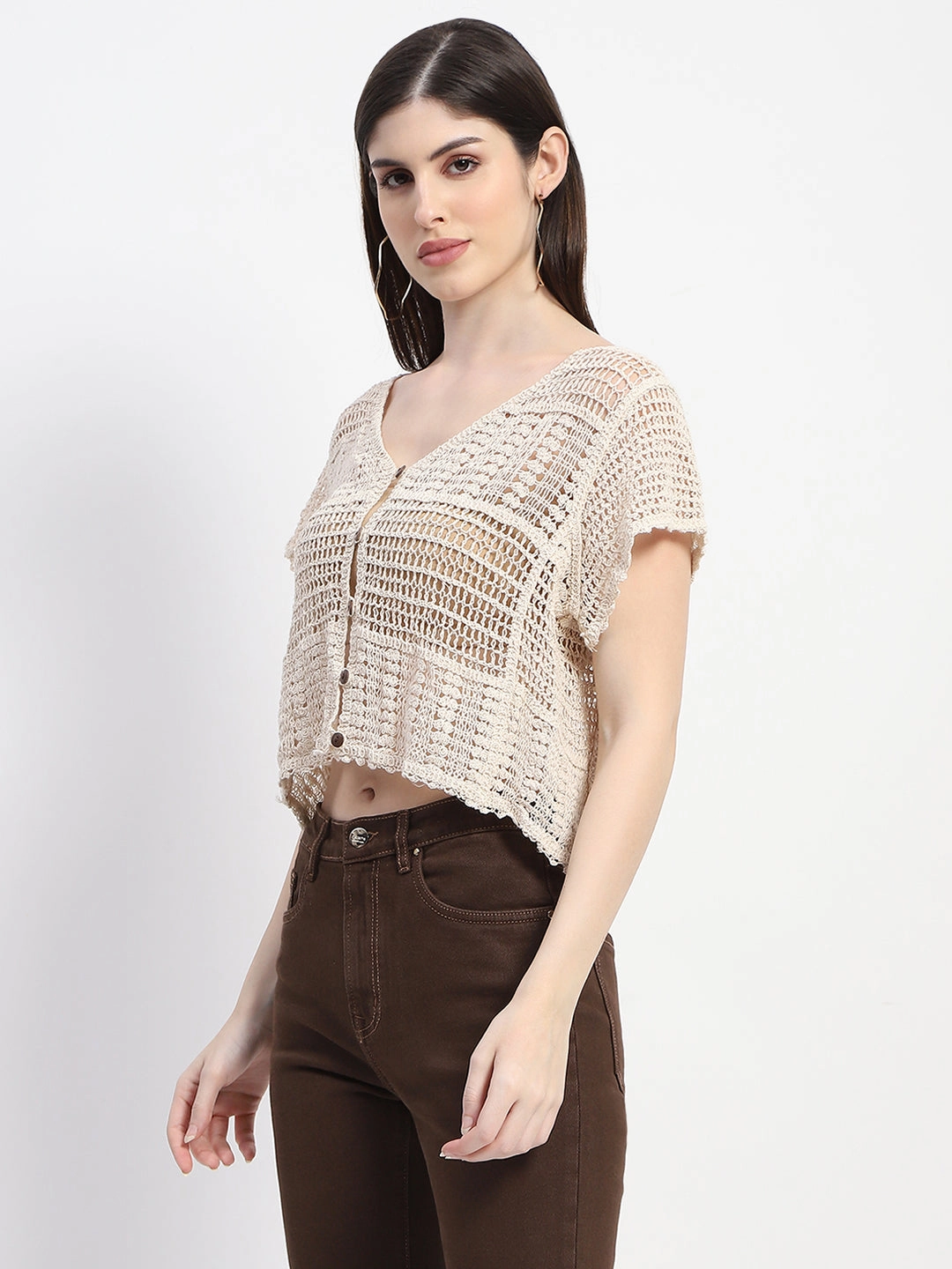 Madame Off White Cotton Crochet Top Anti Pilling Technology