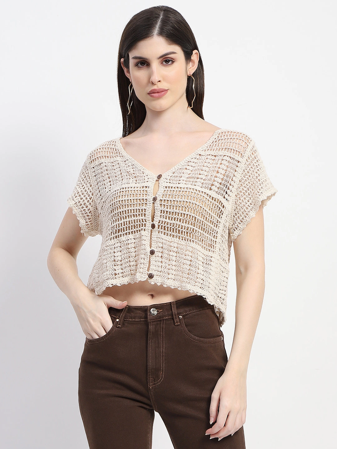 Raglan Sleeve Madame Off White Cotton Crochet Top