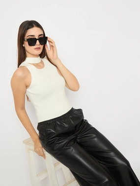 Madame Off White Ribbed Sleeveless Cutout Sweater Breathable Mesh Panels Smart Look