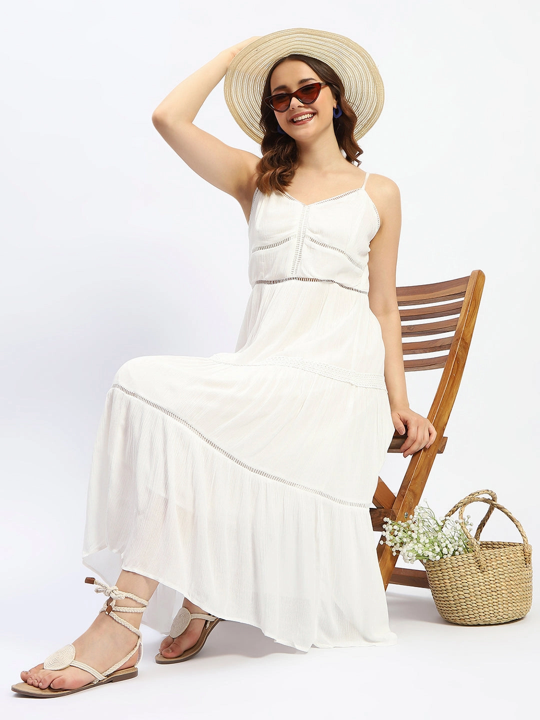 Madame Off White Tiered Cami Cotton Dress Side-Pocket