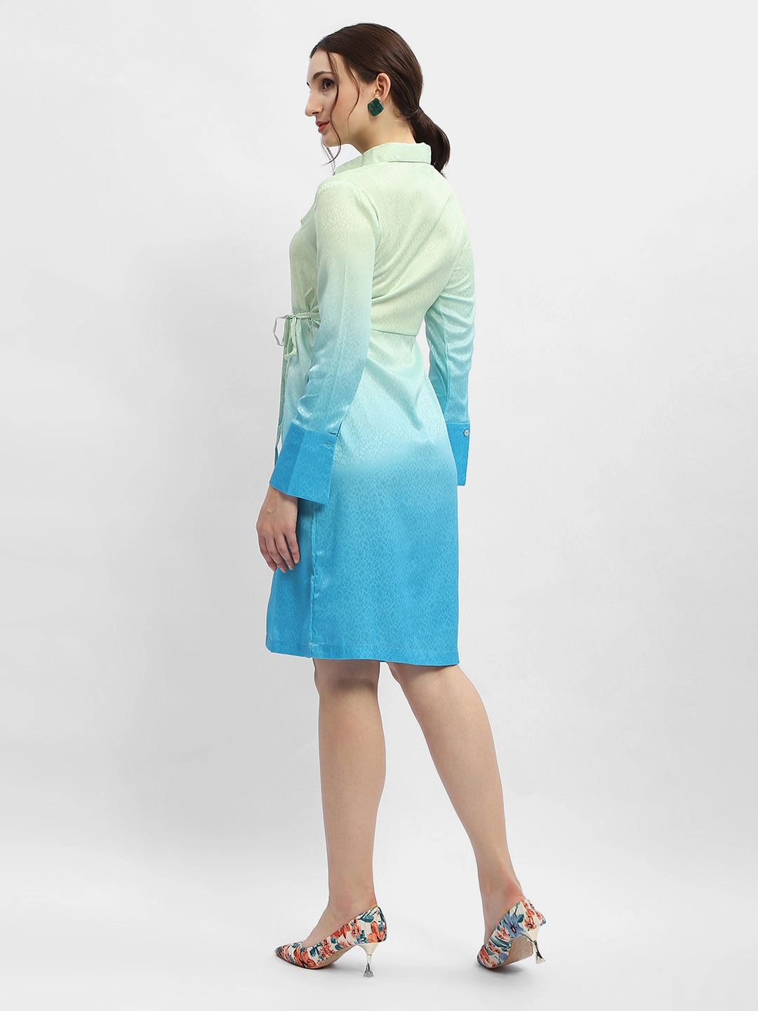 Front Ruffle Madame Ombre Effect Sky Blue Tie-Waist Shirt Dress