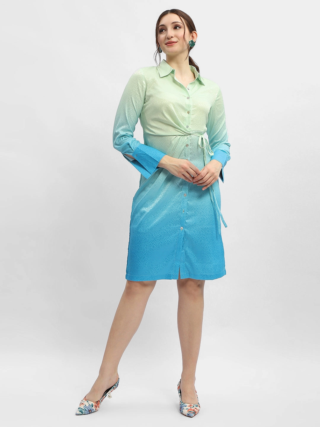 Velvet-Sleeve Sophisticated cocktail dress Madame Ombre Effect Sky Blue Tie-Waist Shirt Dress