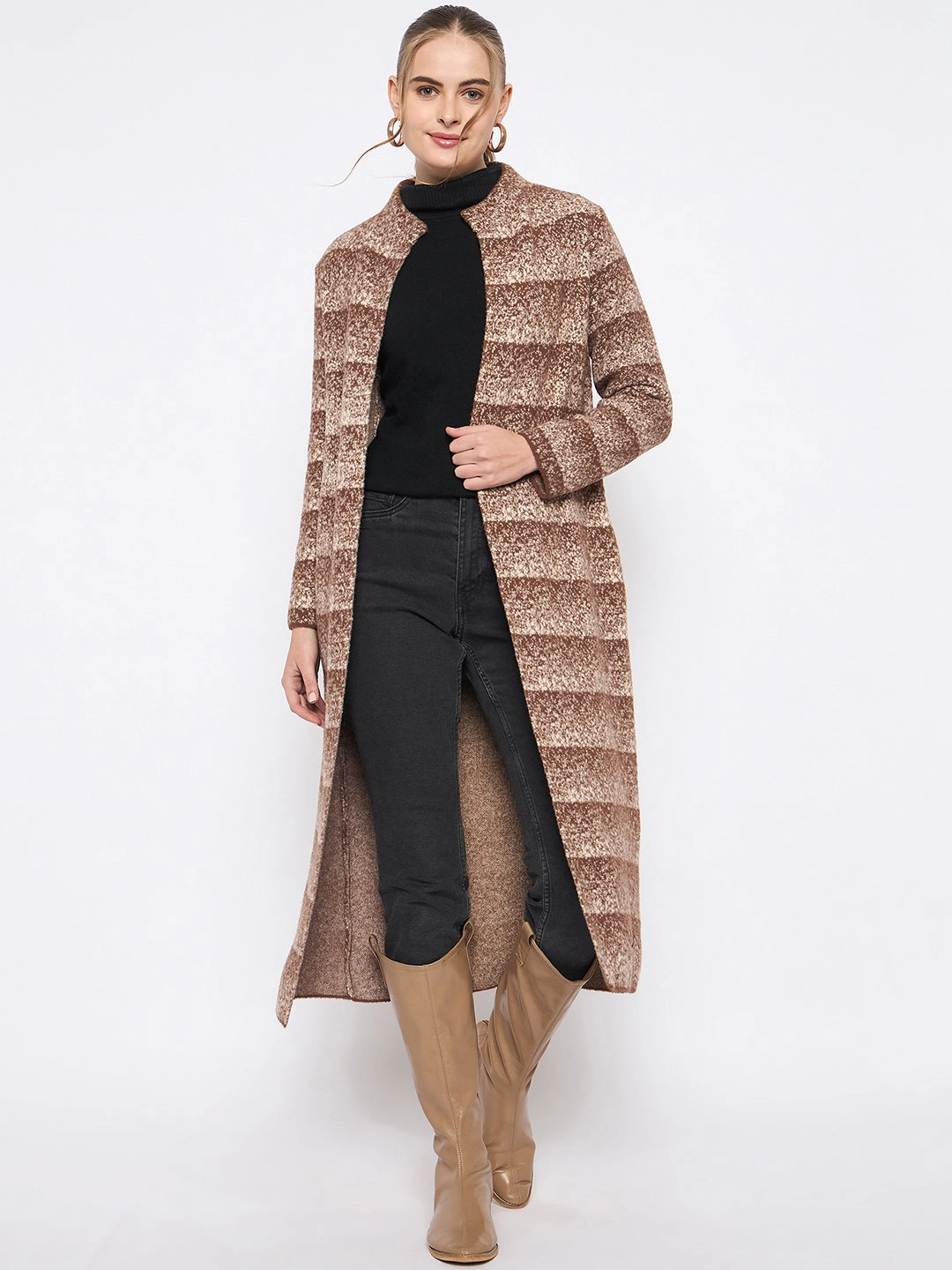 BondedSeams Madame Open Front Striped Multicolor Long Coat