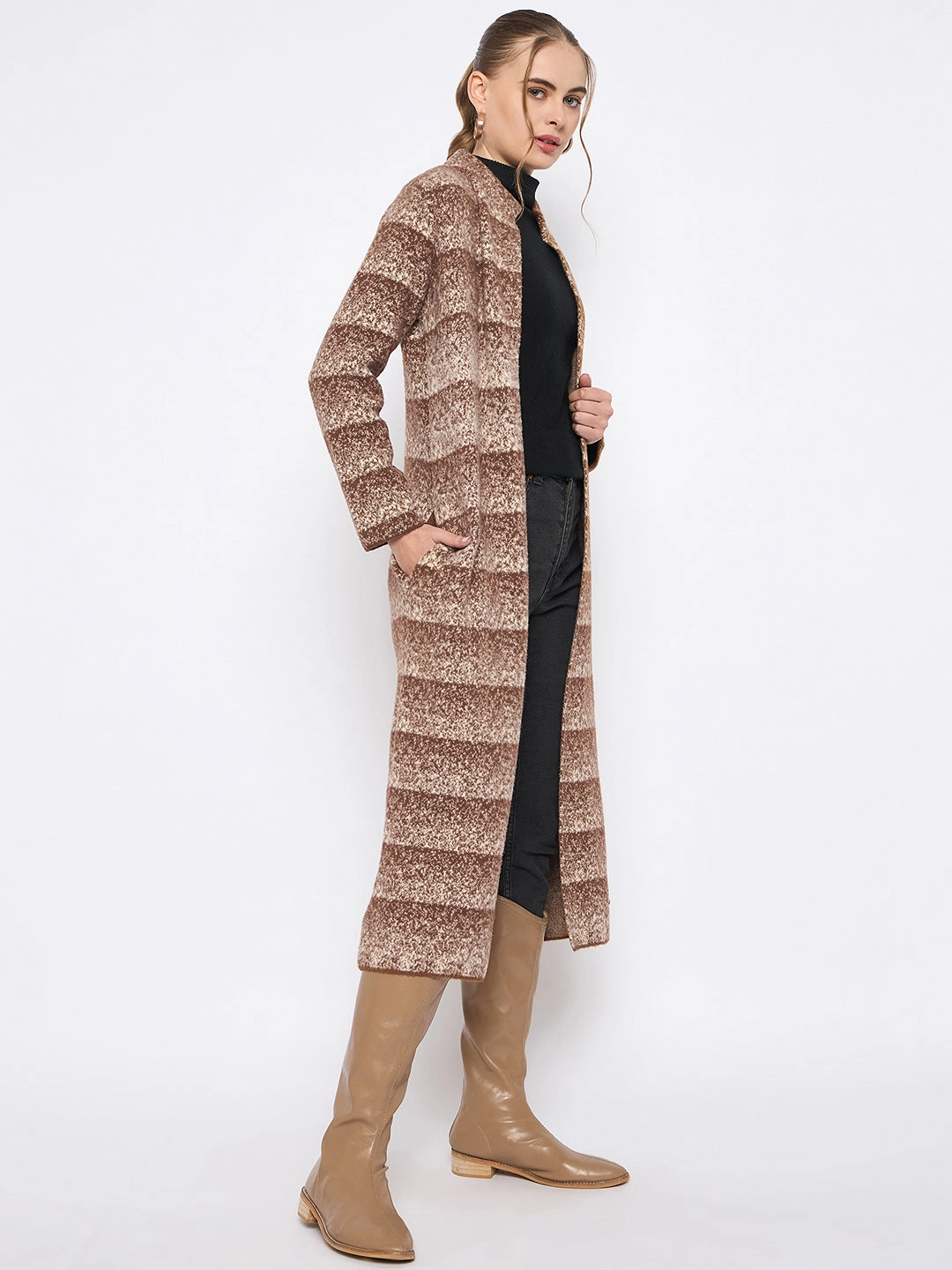 Detachable Components Madame Open Front Striped Multicolor Long Coat