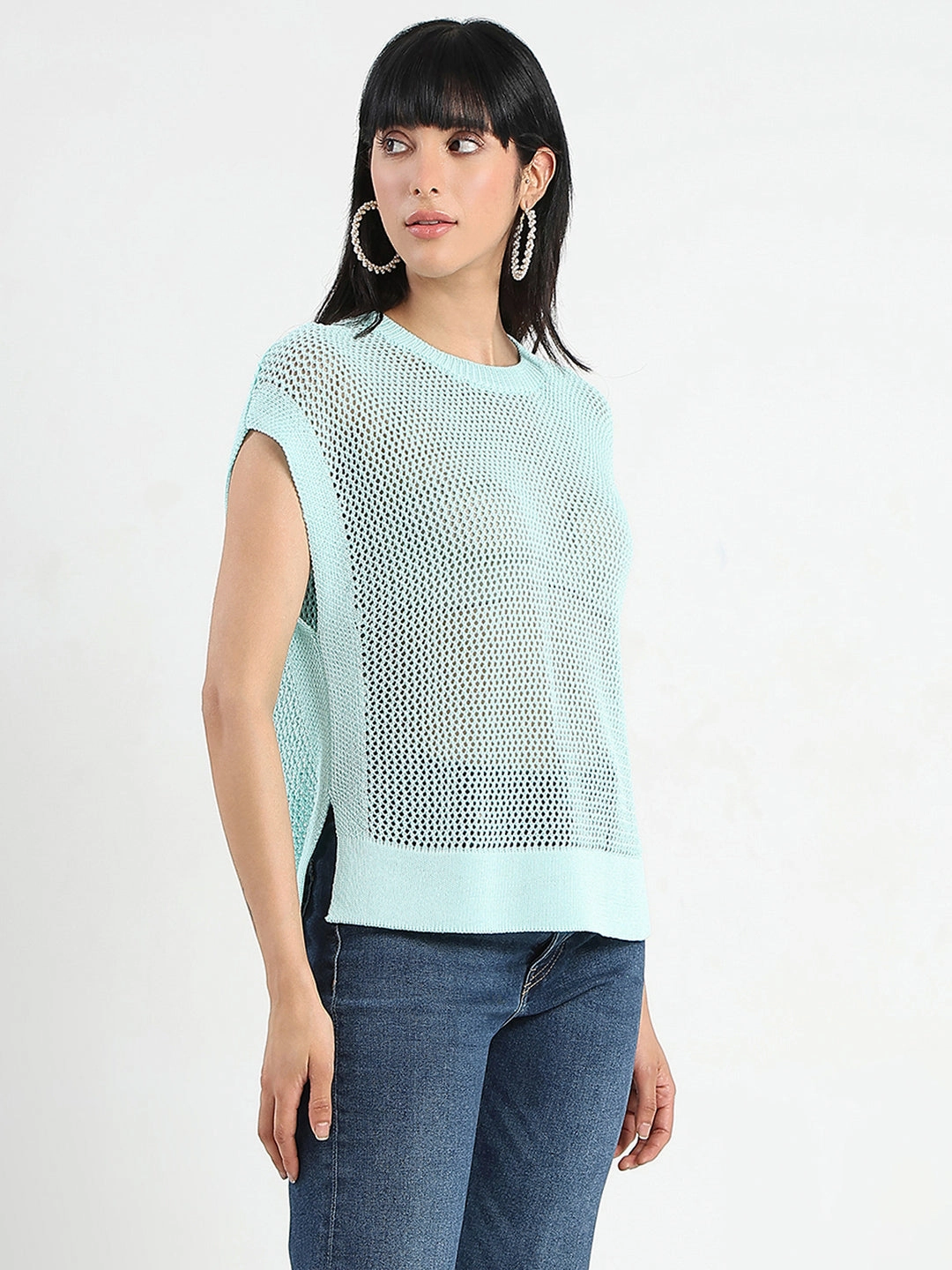 Madame Open Knit Side Slits Mint Green Top Architectural Tailoring NonFade Dye