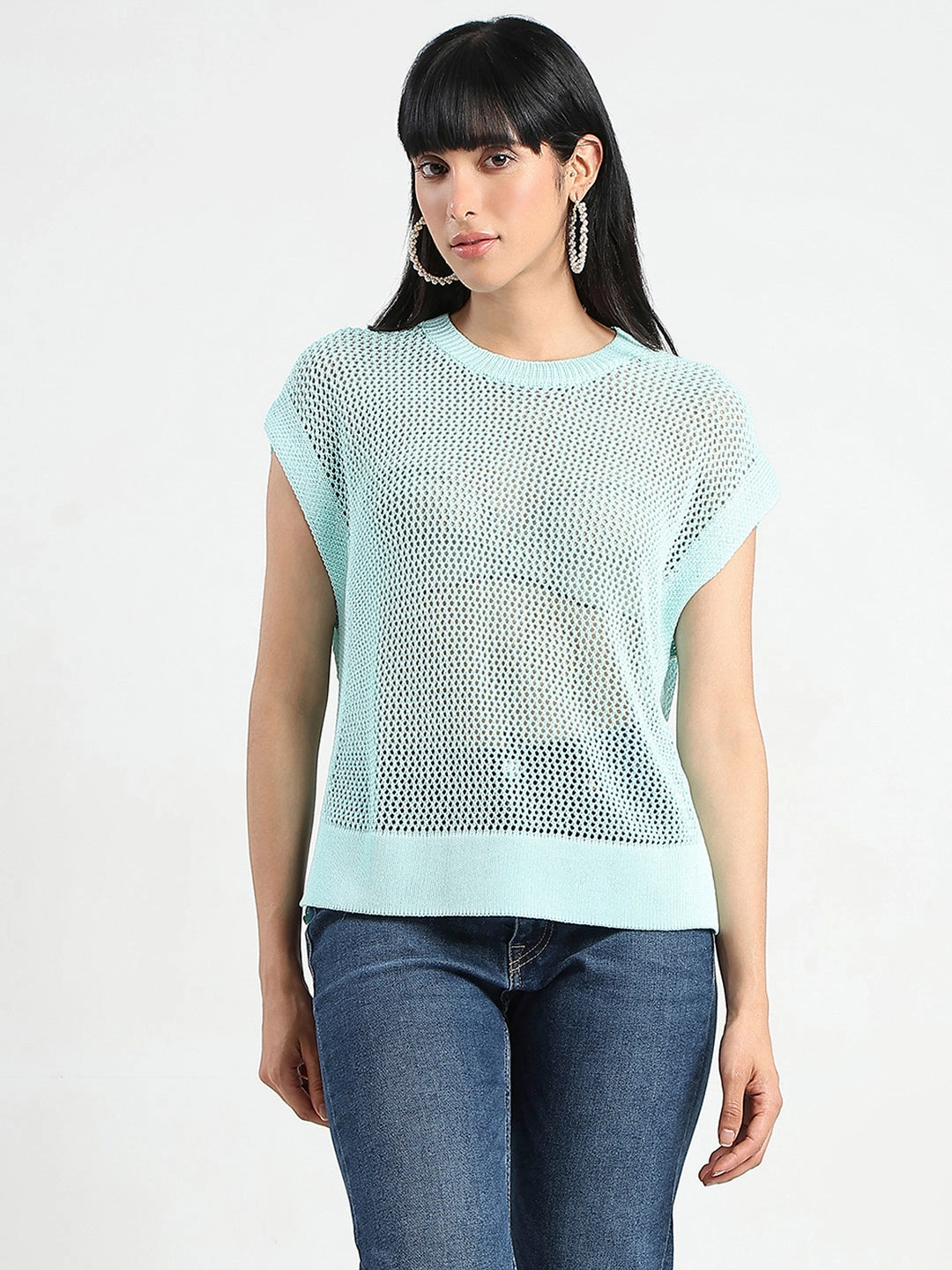 Madame Open Knit Side Slits Mint Green Top SoftBrushed Soft Touch Blend