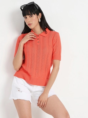 Madame Openwork Detail Textured Coral Orange Cotton Knitted Top Durable Overlock Stitch TemperatureRegulating Material