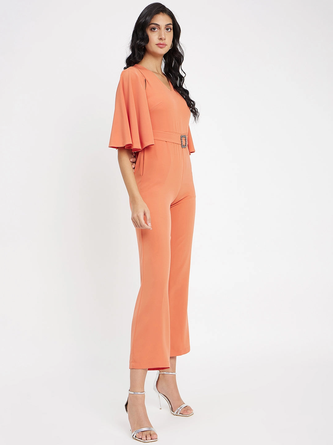 Madame Orange V Neck Jumpsuit Polished Edge Floral-Pattern