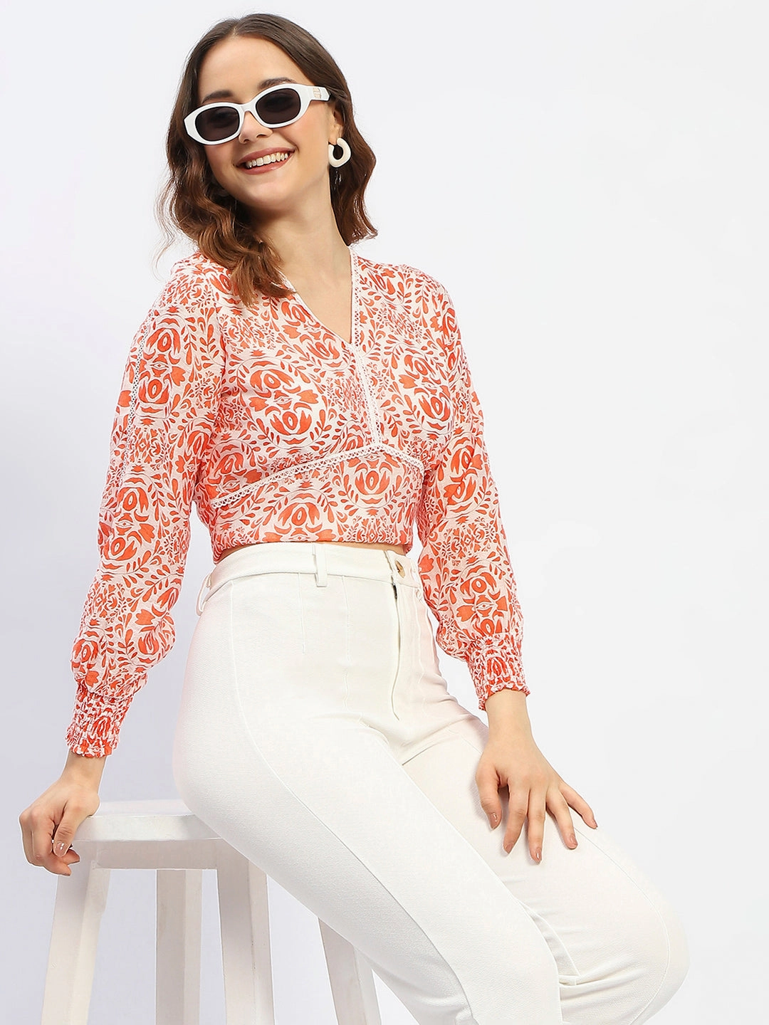 Breathable mesh VNeck Style Madame Paisley Print Orange Cotton Crop Top