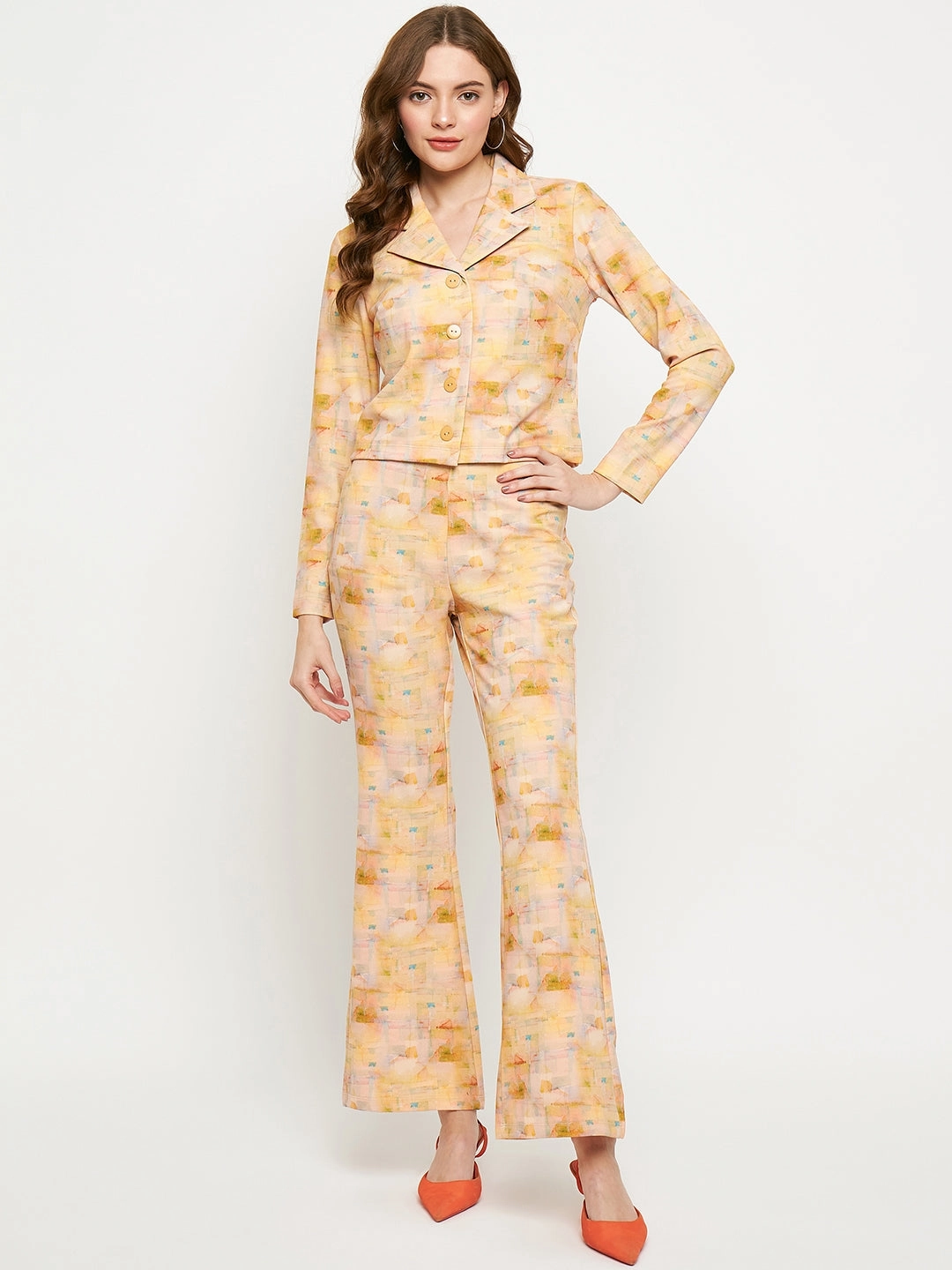 Pleat-Front Stylish Look Madame Peach Abstract Print Co-Ord Set