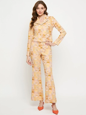 Pleat-Front Stylish Look Madame Peach Abstract Print Co-Ord Set