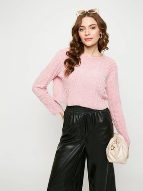 Madame Peach Cable Knit Sweater Comfort Waist