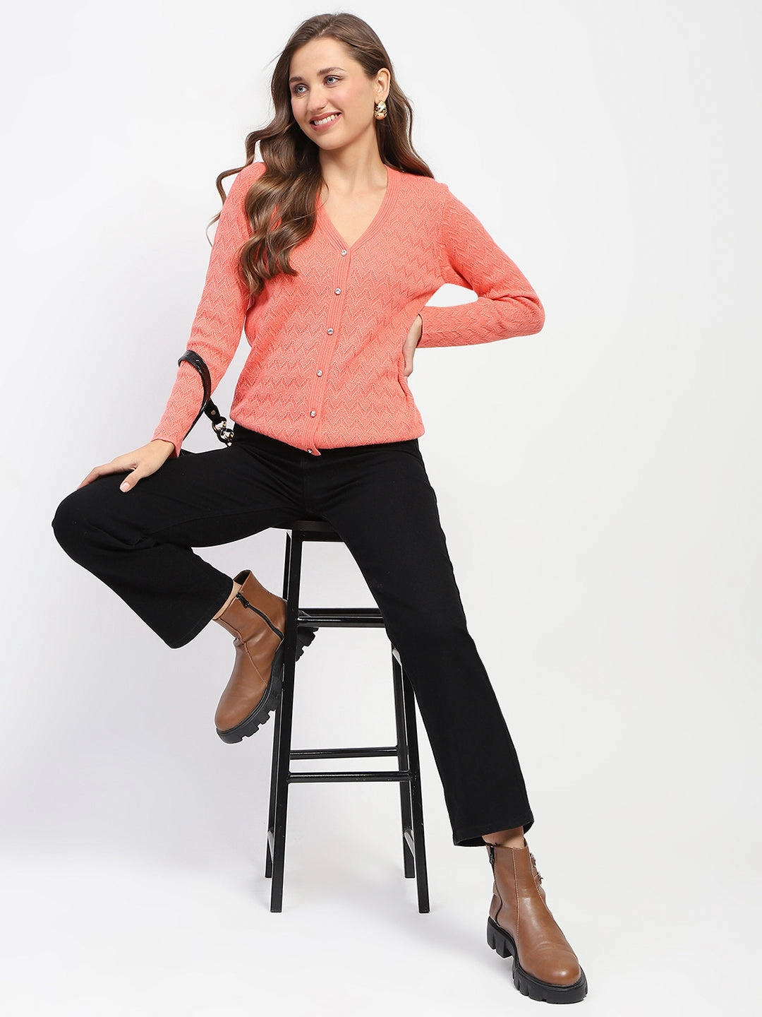 Madame Peach Self Designed V-Neck Cardigan NonPill Surface Treatment