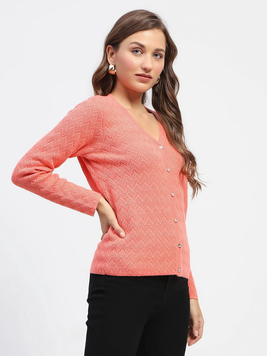 Reinforced Shoulder Madame Peach Self Designed V-Neck Cardigan
