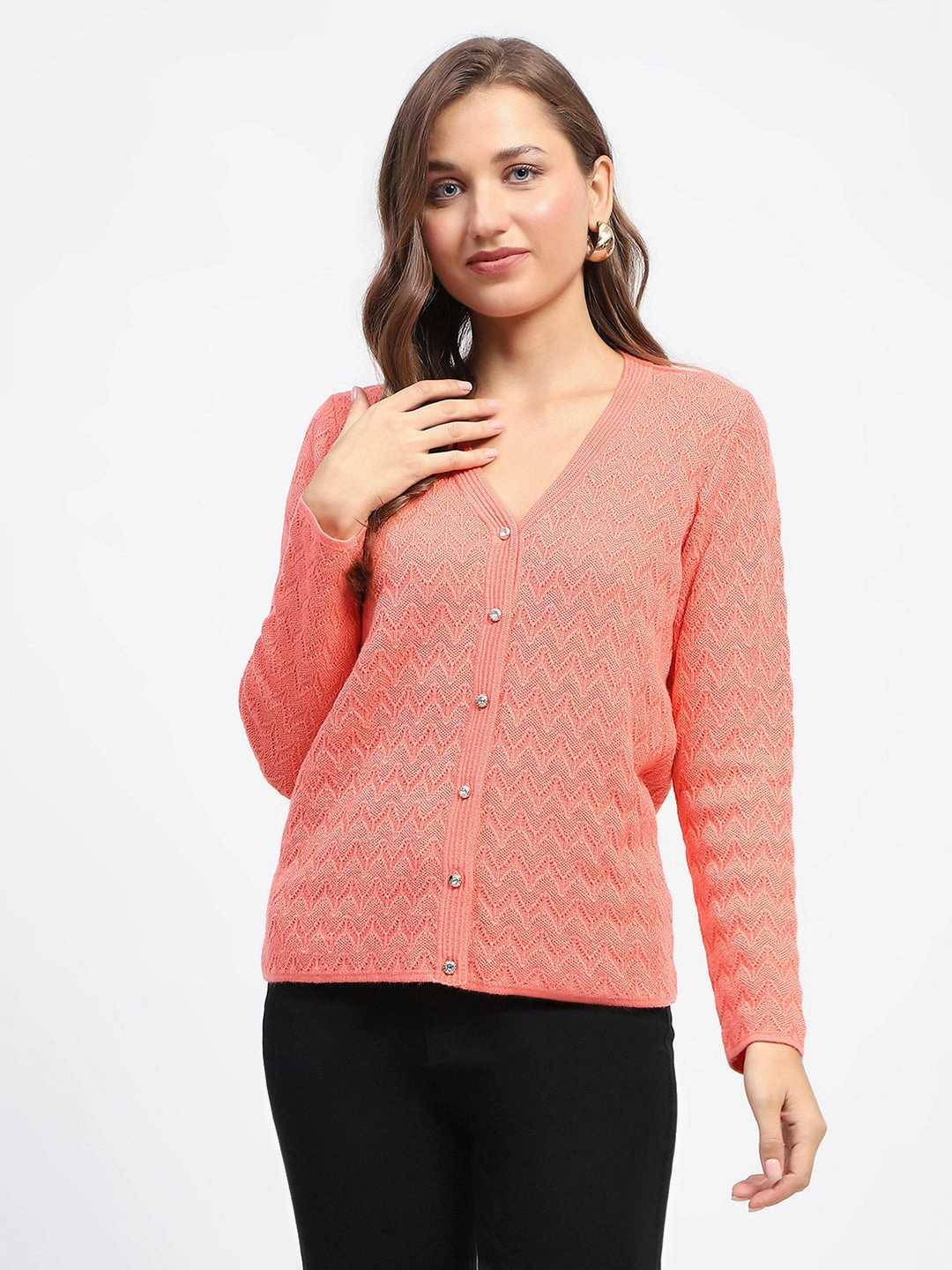 ReflectiveAccents Organic Cotton Blend Madame Peach Self Designed V-Neck Cardigan