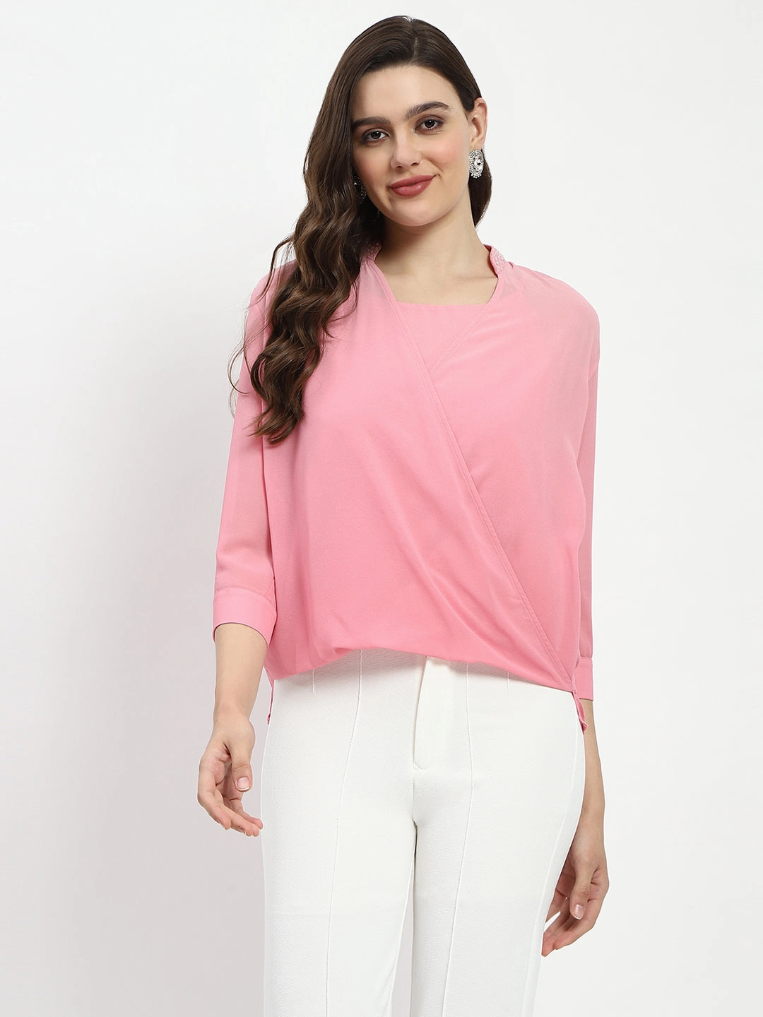 SelfFabric Binding Madame Pink Embellished Wrap Top
