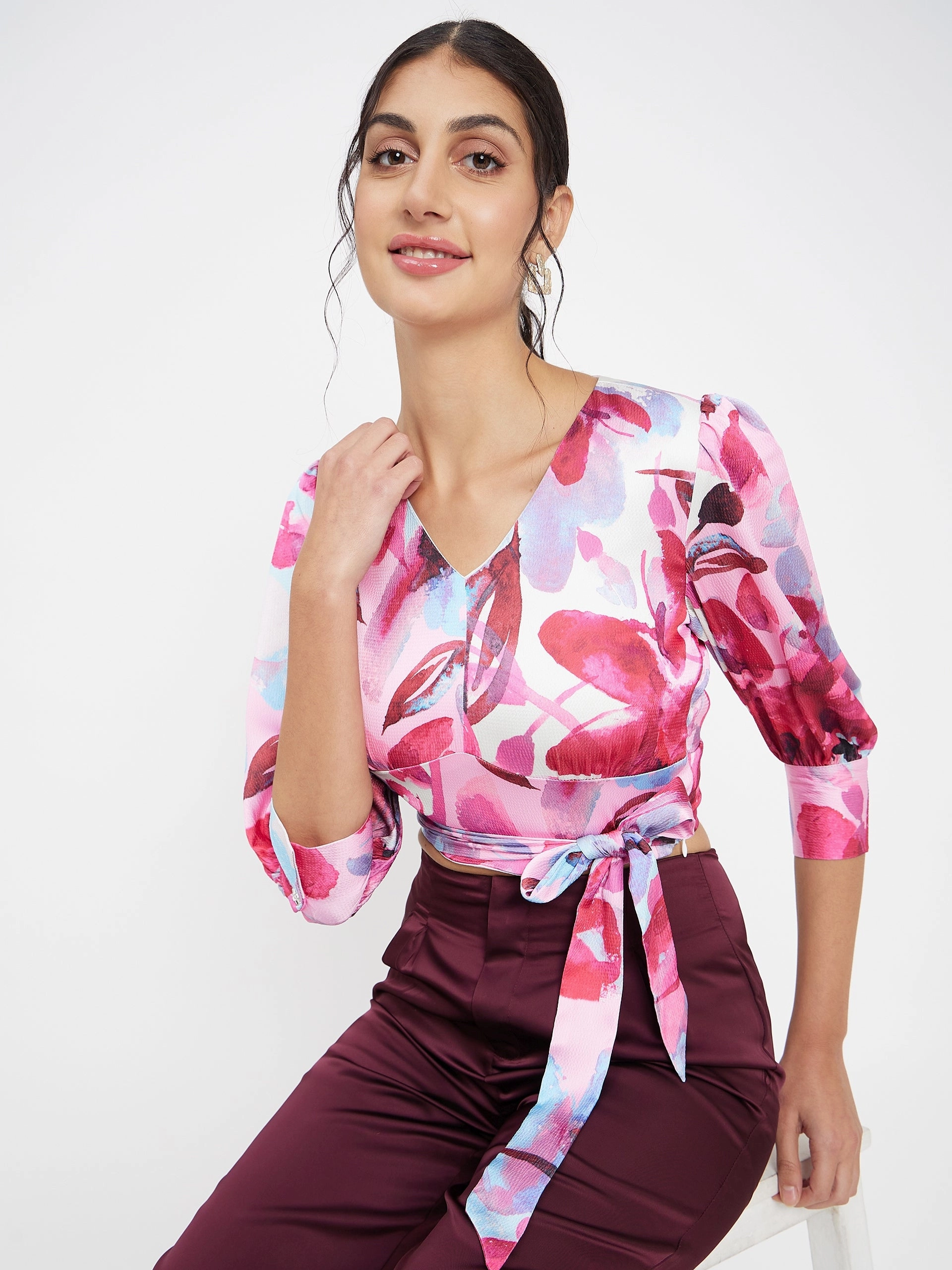 Simple Pullover Madame Pink Floral Wrap-Around Crop Top