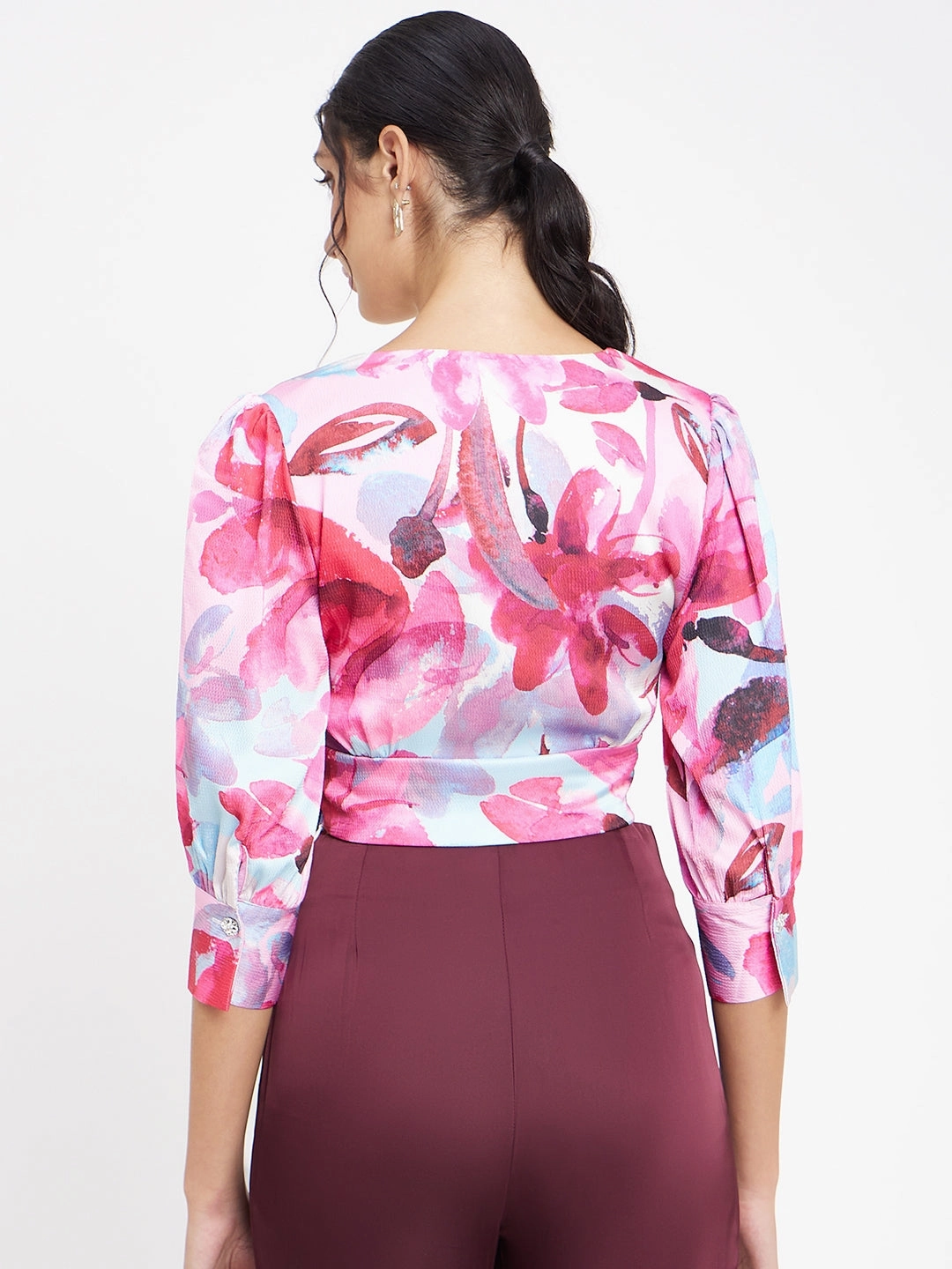 Minimalist Collar Madame Pink Floral Wrap-Around Crop Top