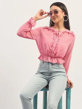 Madame Pink Ruffle Detailing Peplum Top Wrinkle resistant fabric Flowing Design