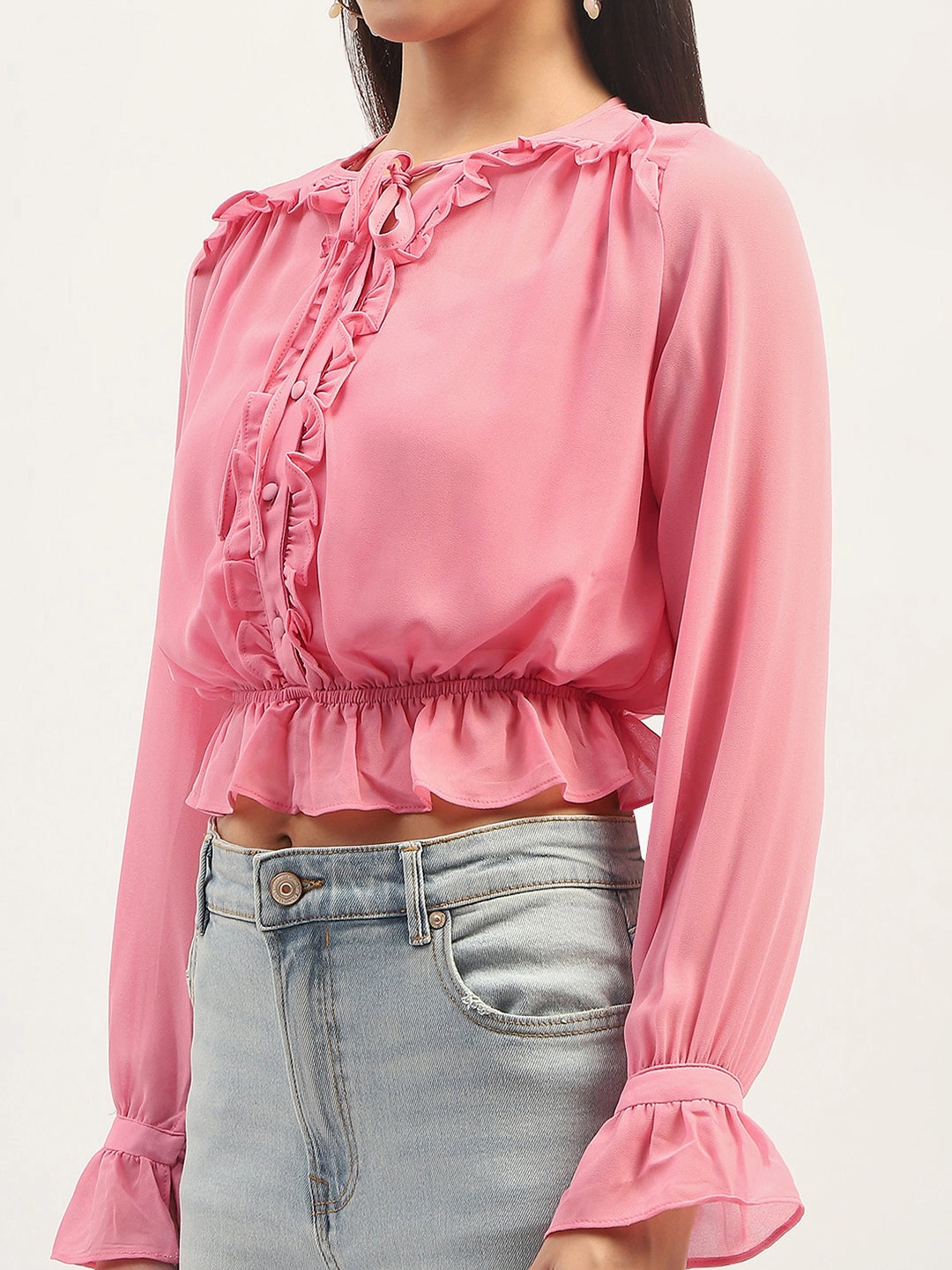 Madame Pink Ruffle Detailing Peplum Top Flowy Tunic