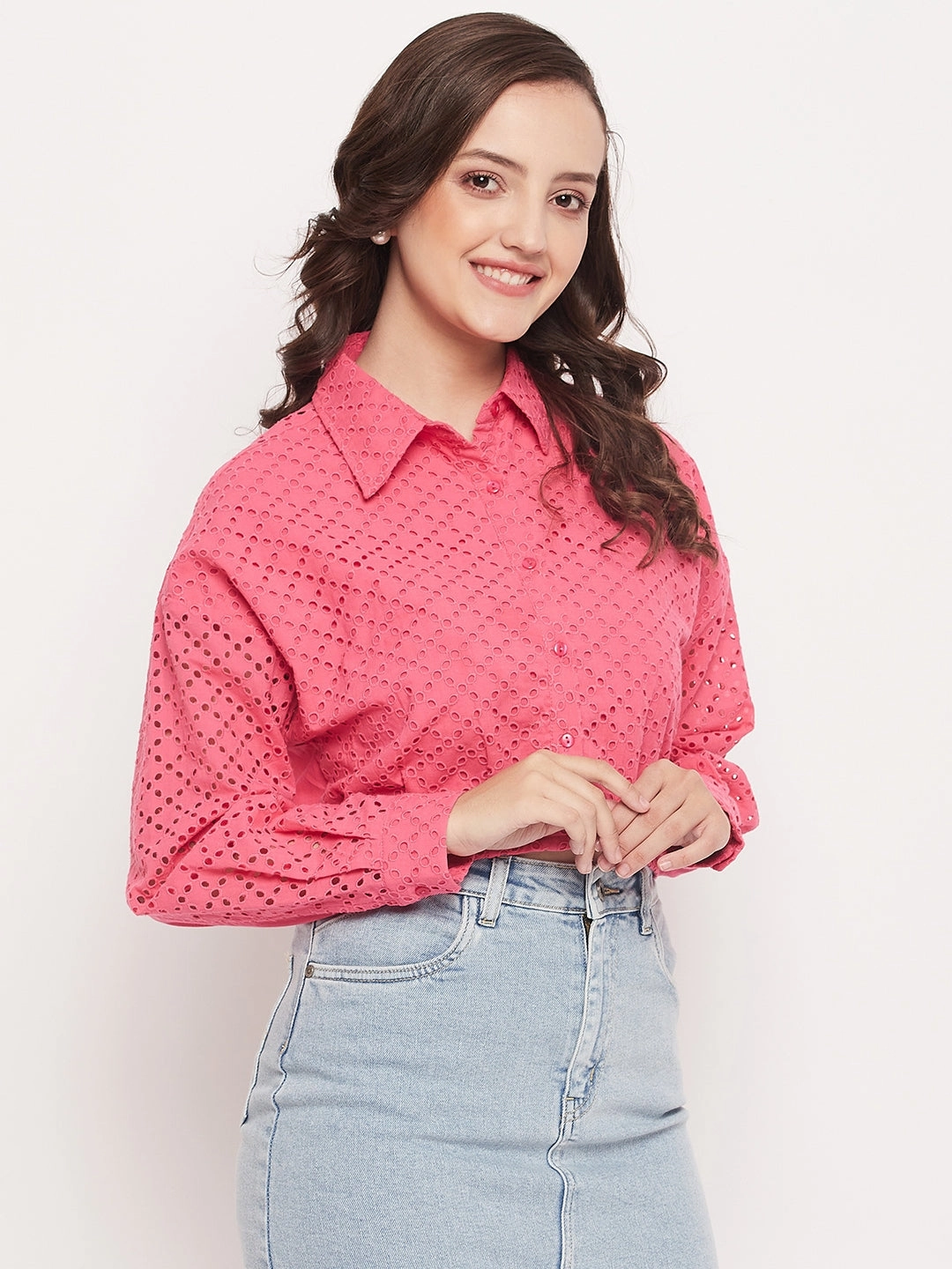 Madame Pink Schiffli Crop Shirt Holiday Travel
