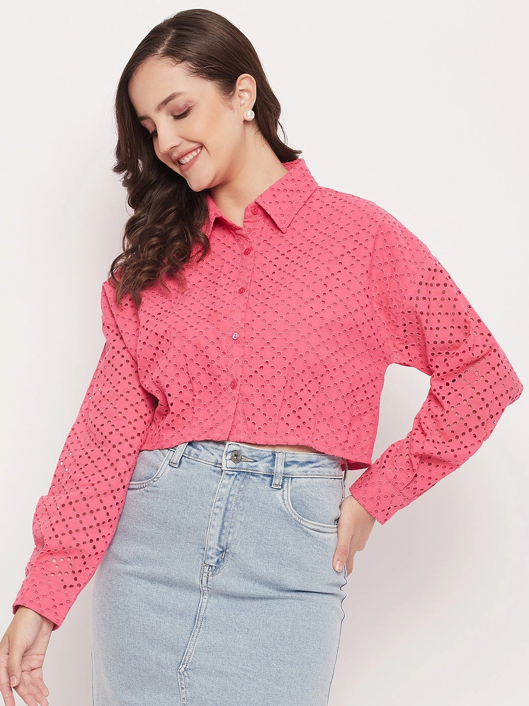 Madame Pink Schiffli Crop Shirt Effortless Style Earthy Hue