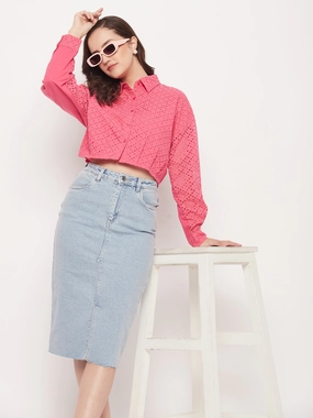 Durable Thread Construction Madame Pink Schiffli Crop Shirt