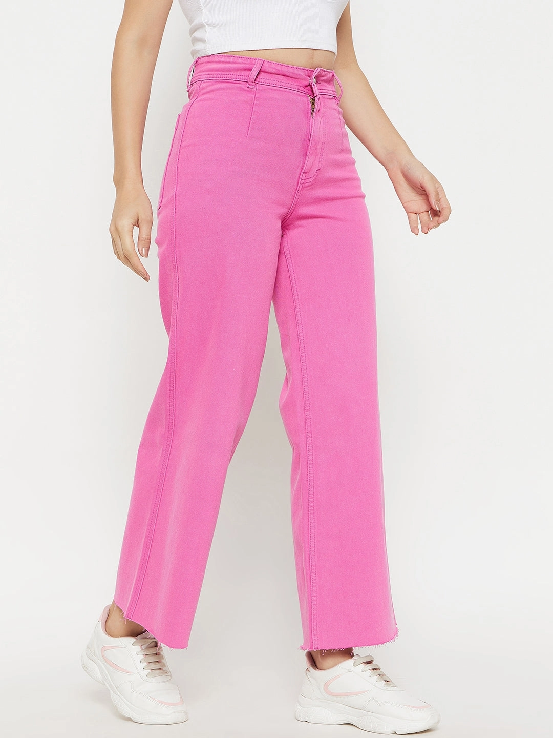 Bold Look Parent Style Hidden Rivet Details Madame Pink Solid Denim