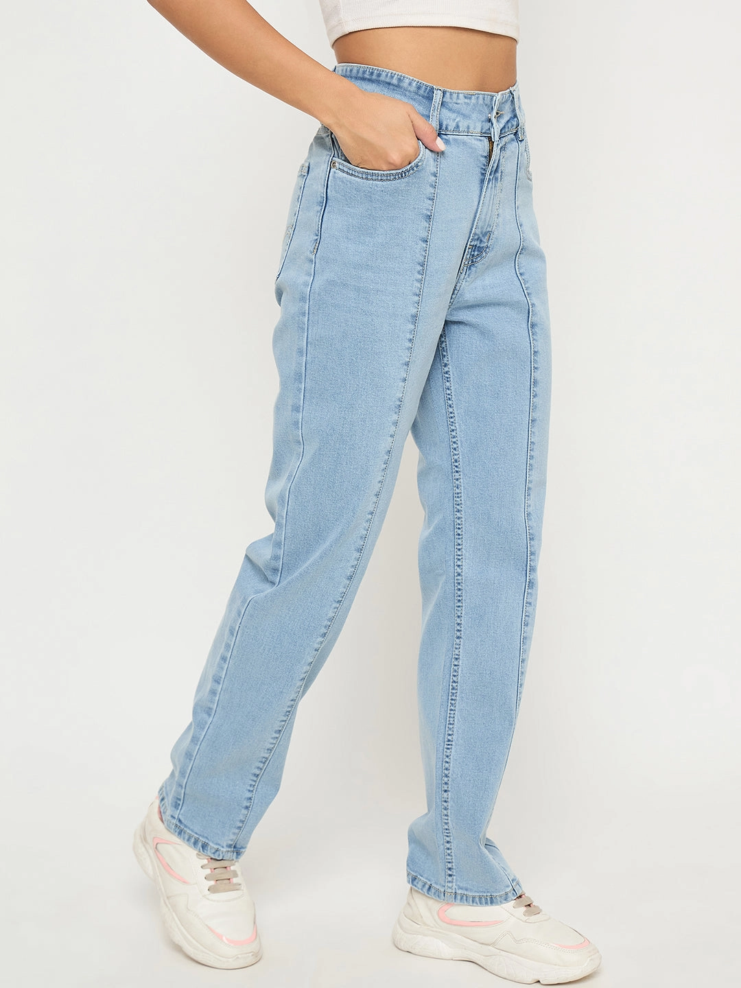 Premium Quality Madame Pintuck Detailed Bright Blue Cotton Blend Jeans
