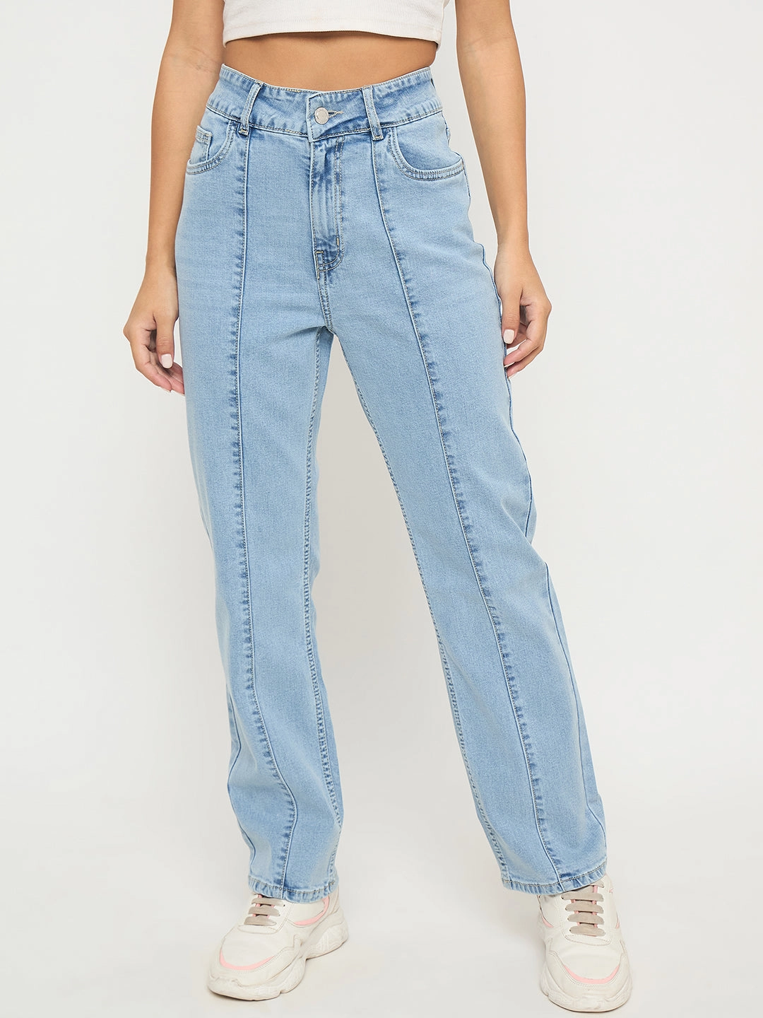 Premium Look Madame Pintuck Detailed Bright Blue Cotton Blend Jeans
