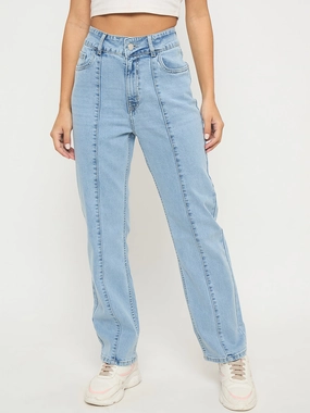 Premium Look Madame Pintuck Detailed Bright Blue Cotton Blend Jeans