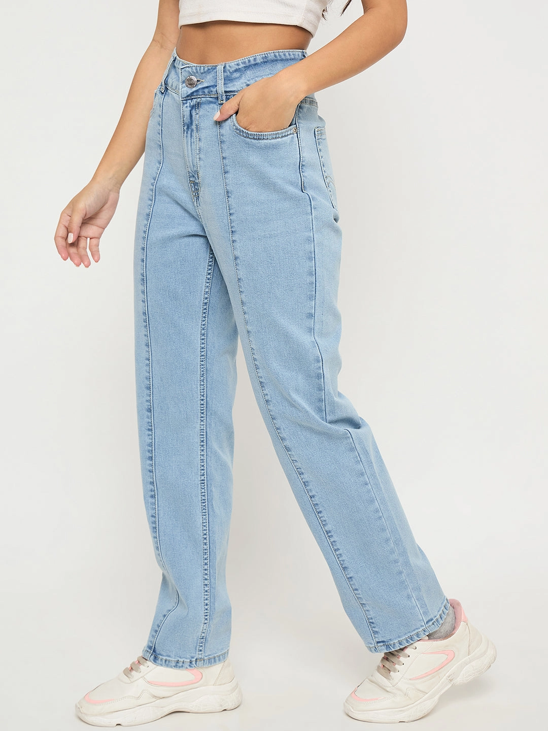 Madame Pintuck Detailed Bright Blue Cotton Blend Jeans Resilient material