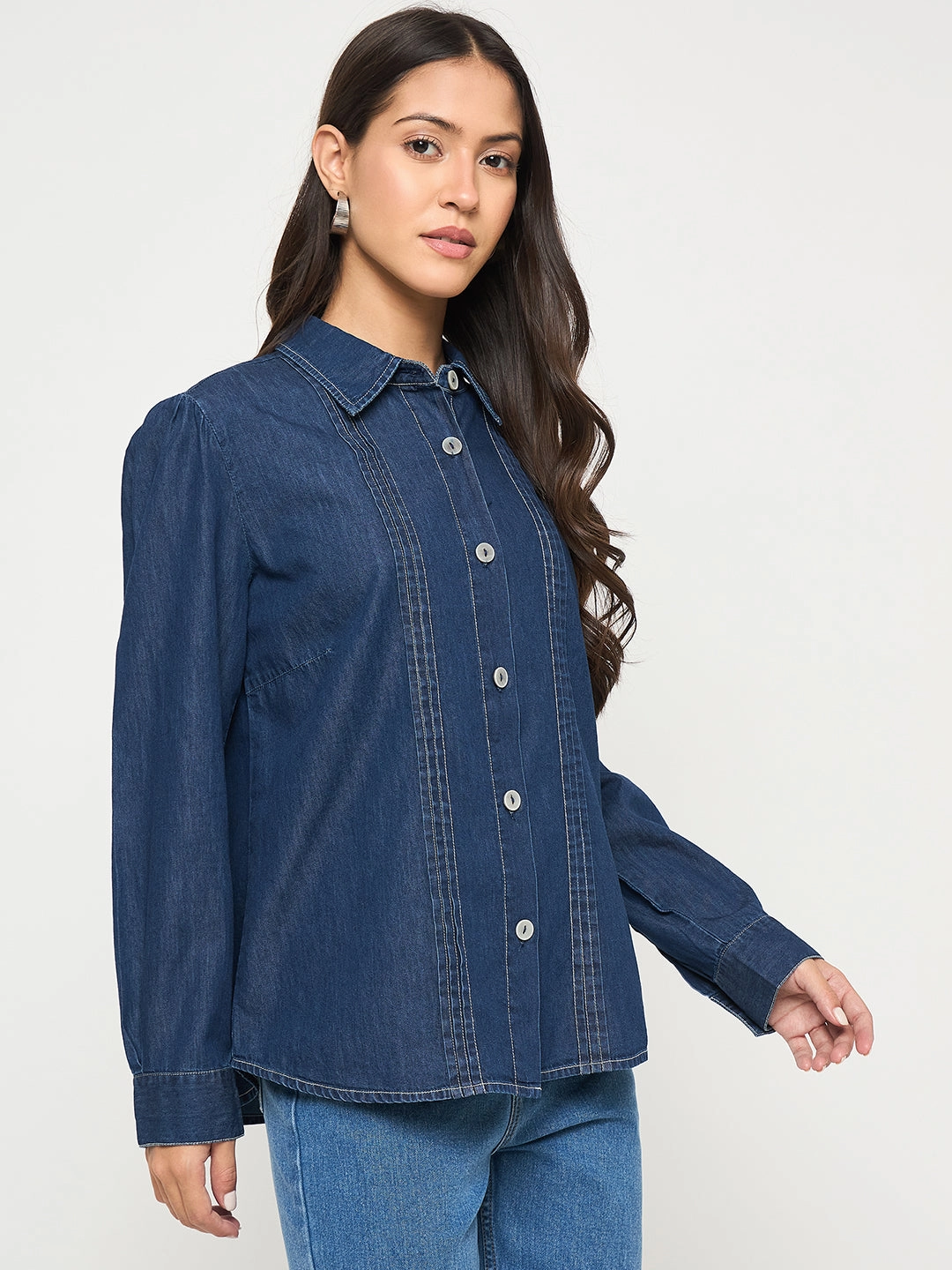 Sports Ready Madame Pintuck Detailed Mid Blue Denim Shirt