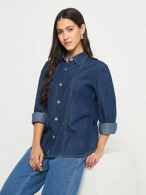 Fashion-Forward Team Building Madame Pintuck Detailed Mid Blue Denim Shirt