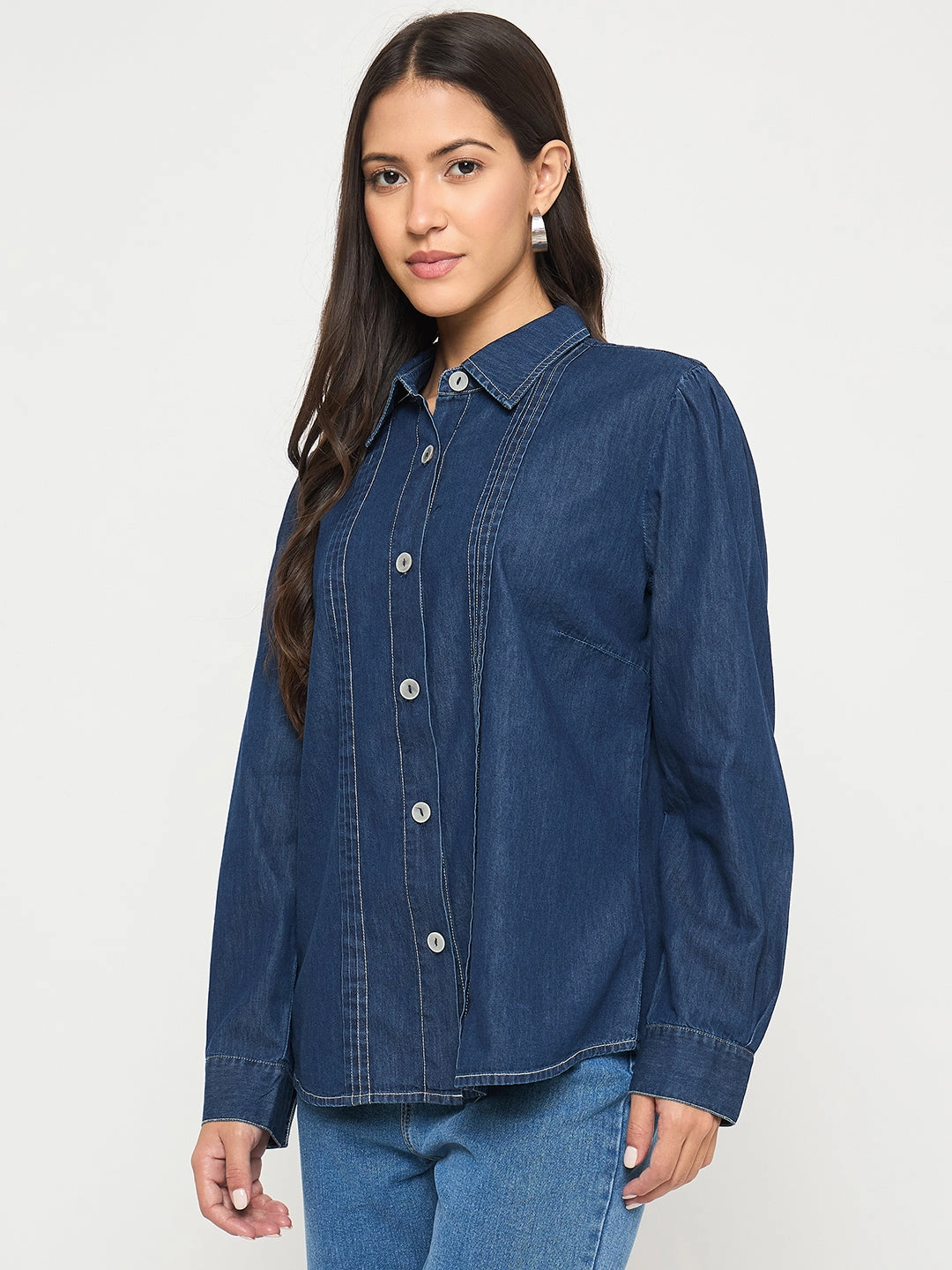 Madame Pintuck Detailed Mid Blue Denim Shirt Active Layering Everyday Comfort