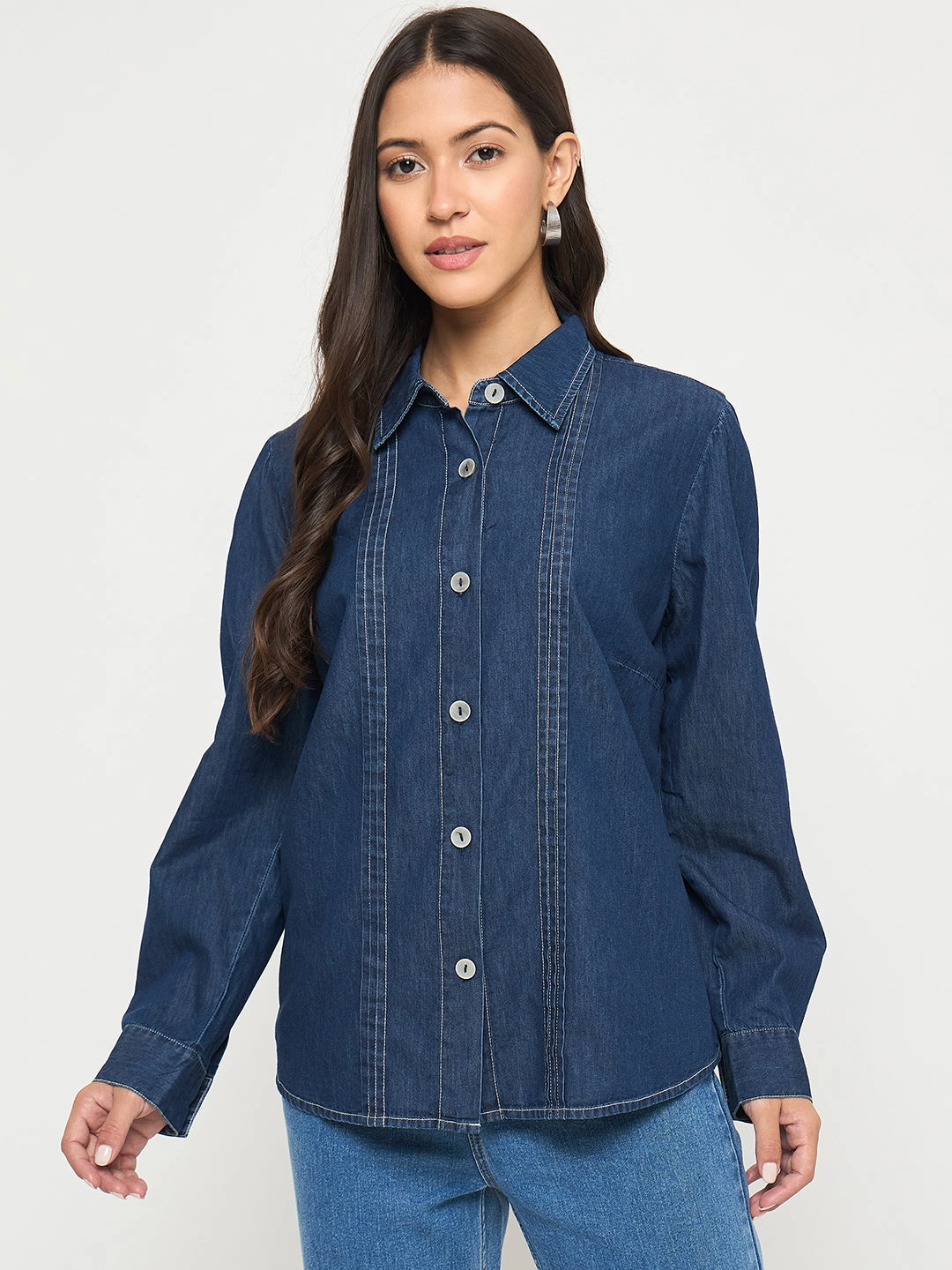 Patterned Texture Madame Pintuck Detailed Mid Blue Denim Shirt