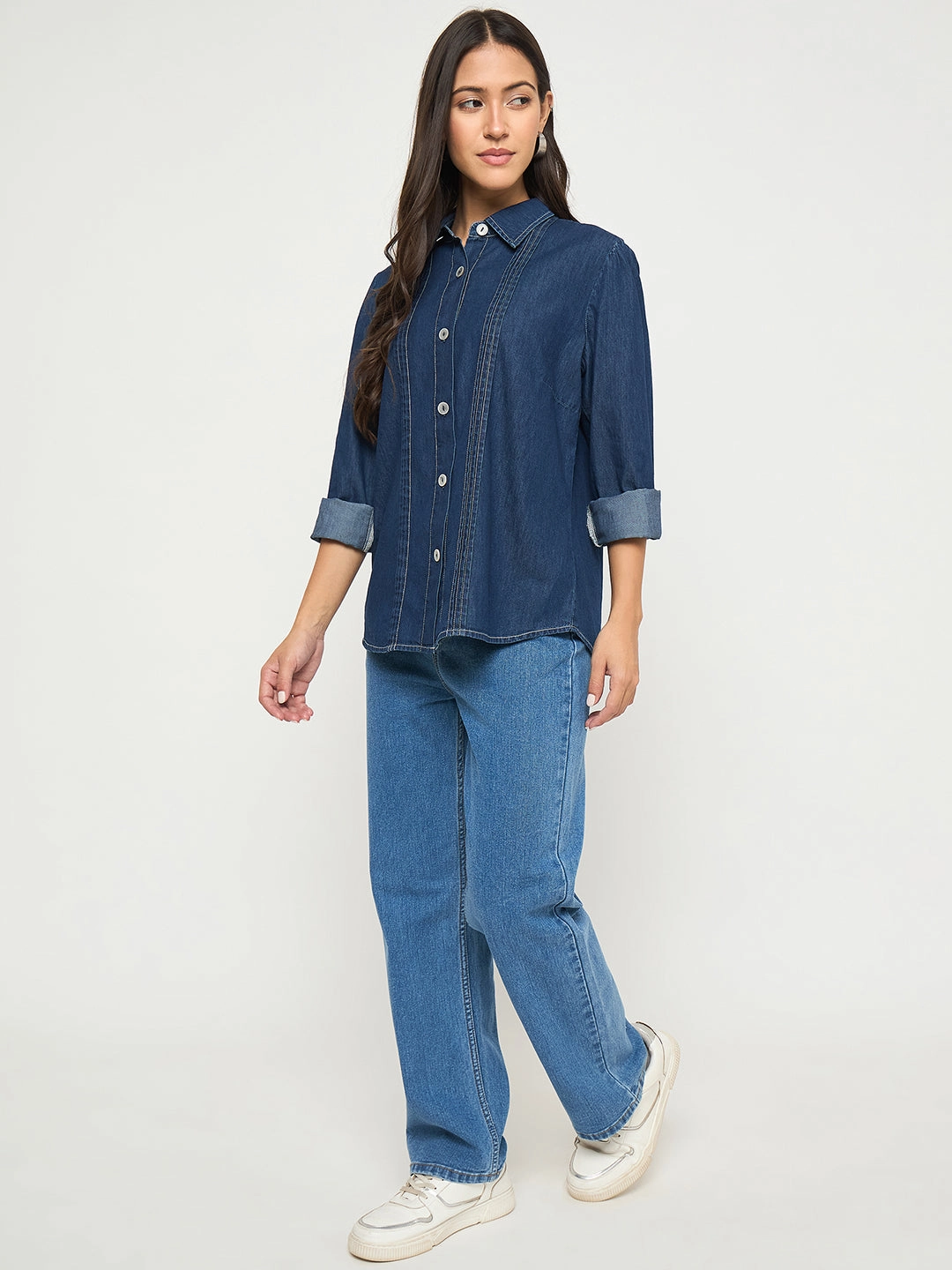 Madame Pintuck Detailed Mid Blue Denim Shirt Sporty Design
