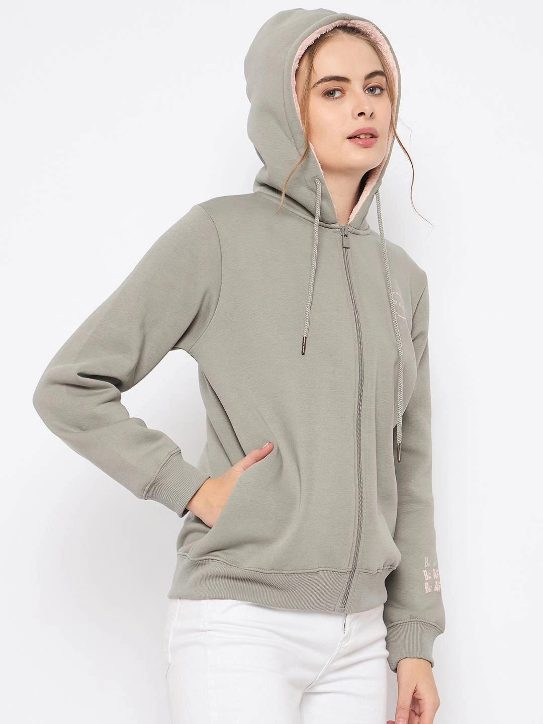 Madame Placement Print Grey Hooded Sweatshirt Scoop neck Comfortable
