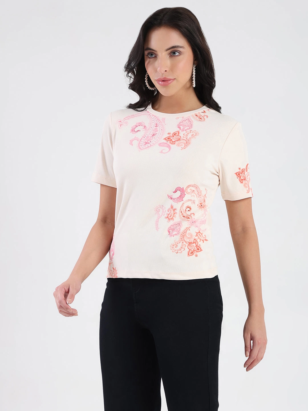 Madame Placement Sublimation Print Peach Smooth Rib T-Shirt Multi Purpose Wear
