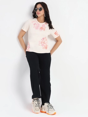 Madame Placement Sublimation Print Peach Smooth Rib T-Shirt Sleek Waist Stretchable Knit