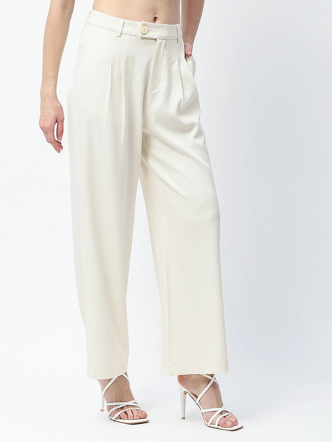 Madame Pleat Detailed Off White Gurkha Trousers Soft Inner Lining Stretchable Material